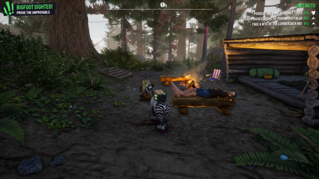 A screengrab from Goat Simulator 3 showing a character laying on a log bench with huge feet