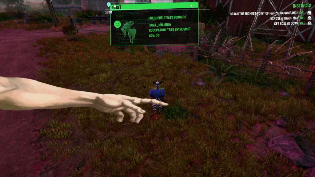 A screengrab from Goat Simulator 3 showing a large arm coming from the side of the screen and attacking the goat