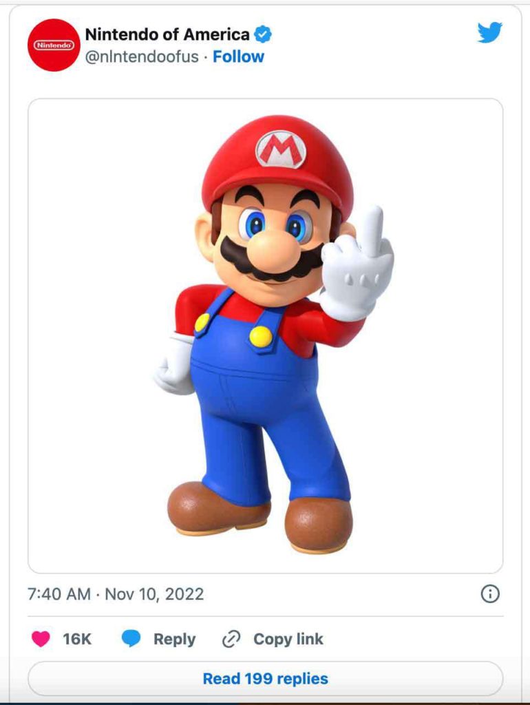 A screengrab from Twitter showing a fake verified Nintendo of America tweet with Mario flipping off the viewer