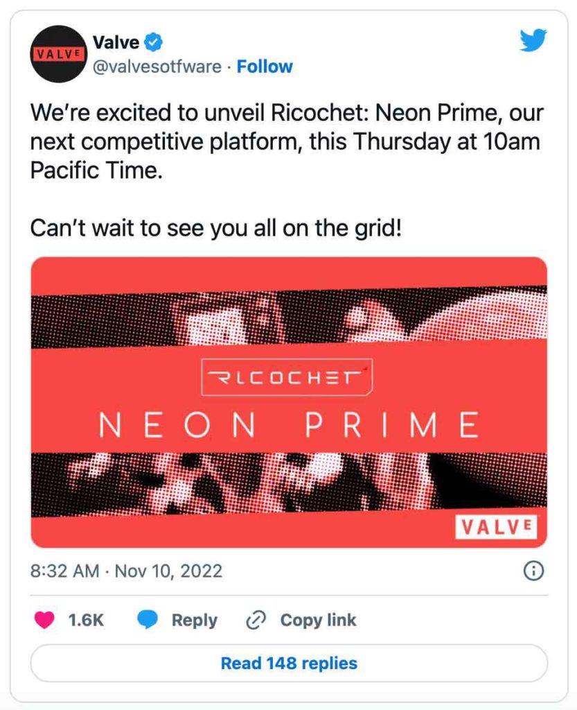 A screengrab from Twitter showing a fake verified Valve account announcing a new fake game called Neon Prime