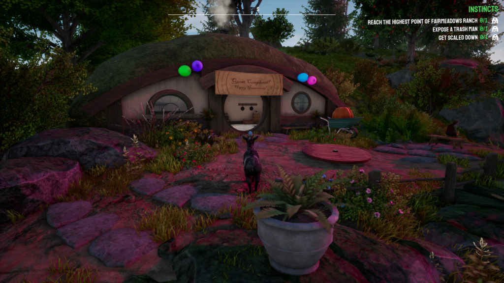 A screengrab from Goat SImulator 3 showing a hobbit house built into a hill