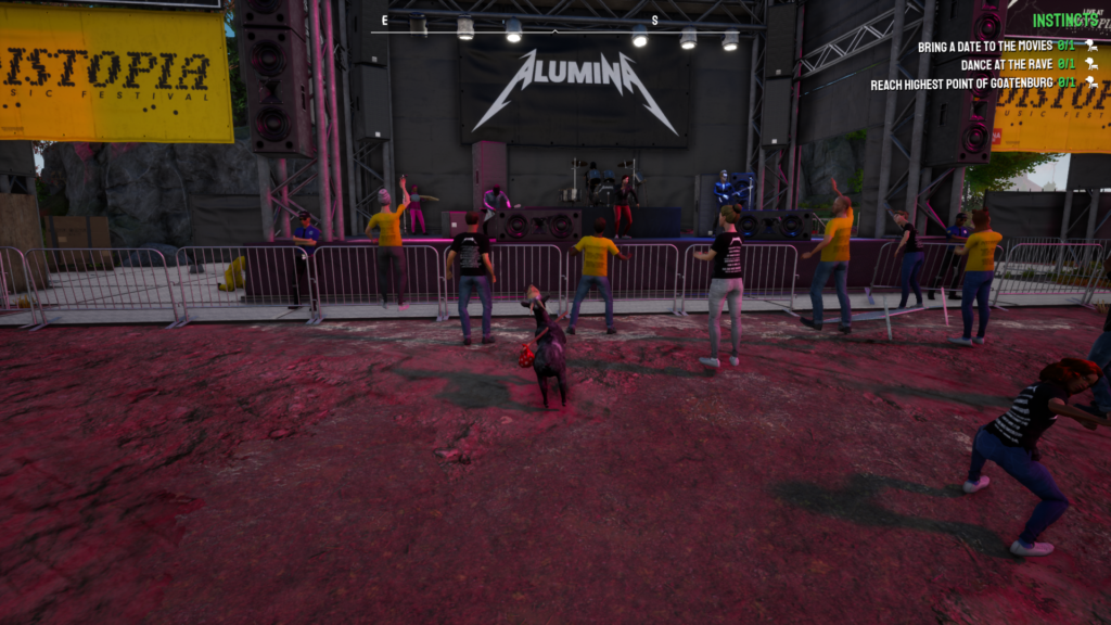 A screengrab from Goat Simulator 3 showing the band Alumina playing on stage at a music festival