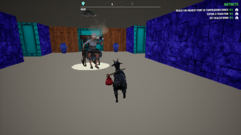 A screengrab from Goat Simulator showing a pixelated level where the goat is facing off an old woman with a ball bazooka