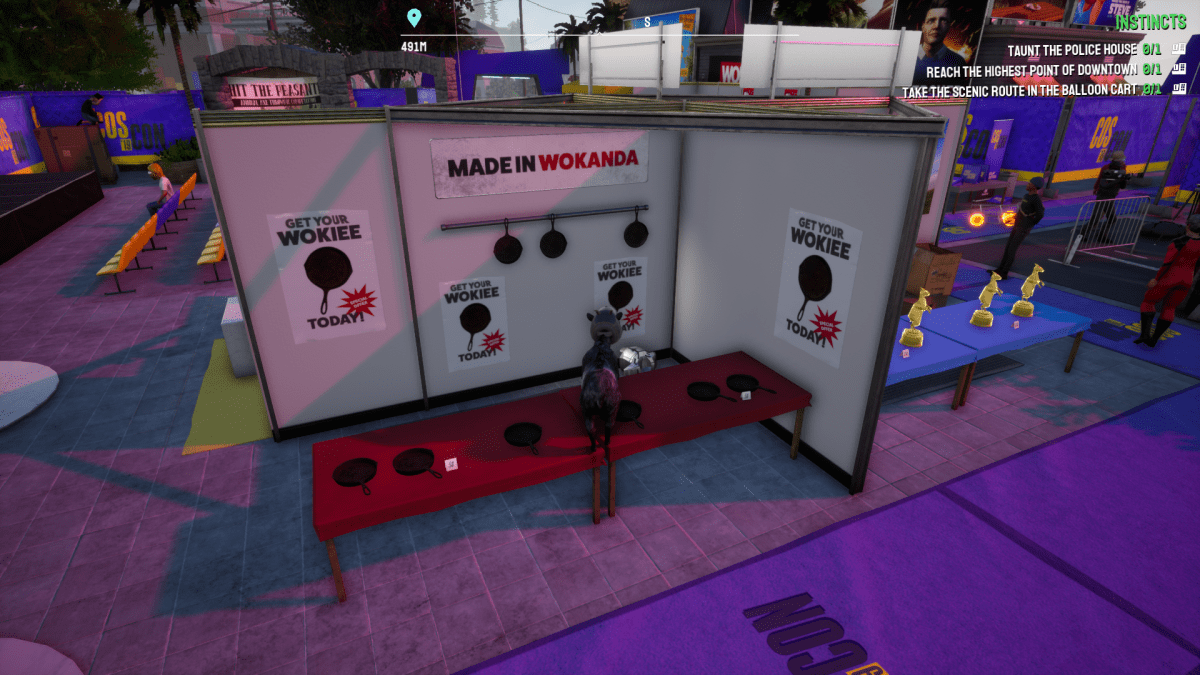 A screengrab from Goat Simulator 3 showing woks with pop culture slogans