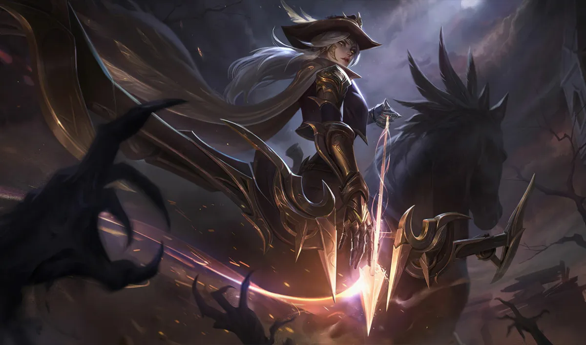 The splash art of the Legendary skin, High Noon Ashe, depiciing the Frost Archer in an old-western-themed outfit with her trusty steed.