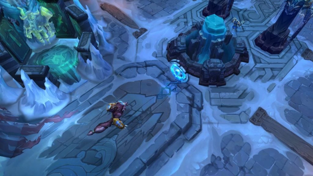 ARAM Hexgate in League of Legends. The Nexus can be seen as a champion sits in base using the gate.