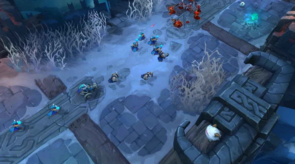 Minions march down the single lane of the Howling Abyss in League of Legends