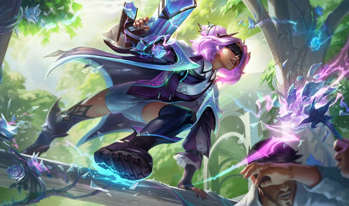 The official splash art of Crystal Rose Zeri, where she has pink hair, a black blindfold, and is wearing a ripped-up dress.