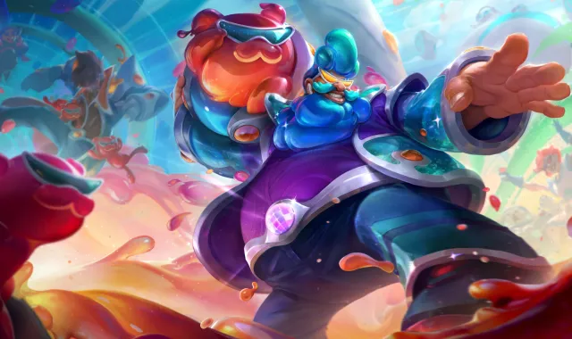 Space Groove Gragas sliding down the wave and holding his barrel on his right arm.