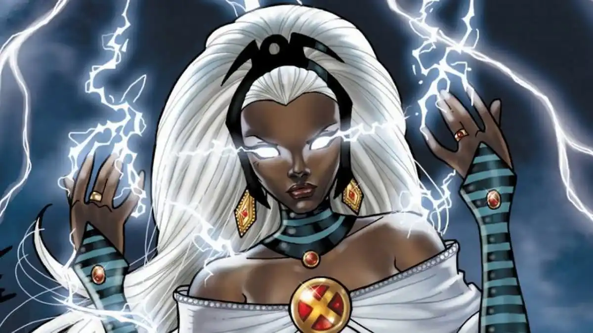 Storm from the Marvel Comics, with white hair and lightning coming from her eyes.