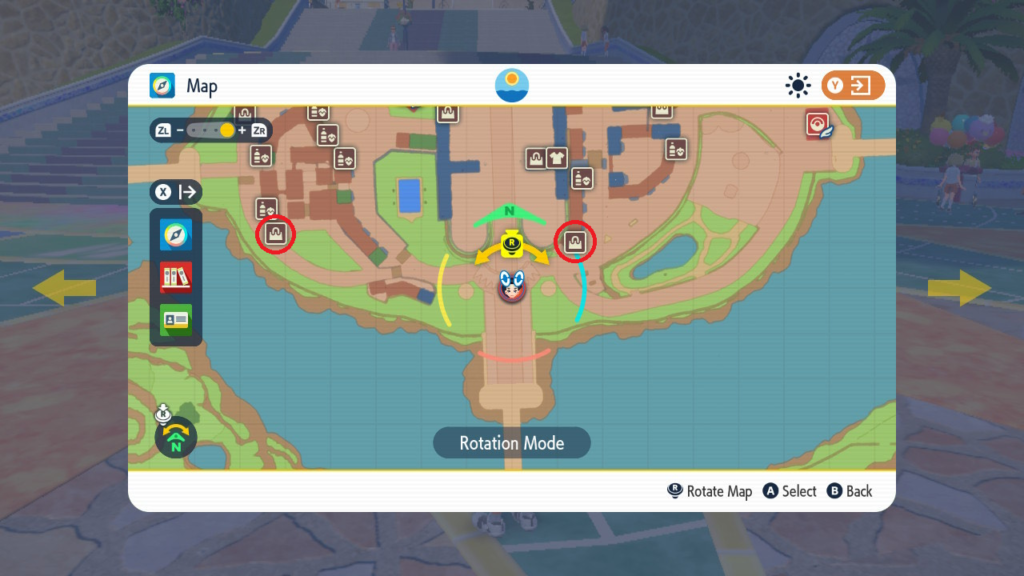 A screenshot of Pokémon Scarlet and Violet showing the locations of Delibird Presents in Mesagoza.