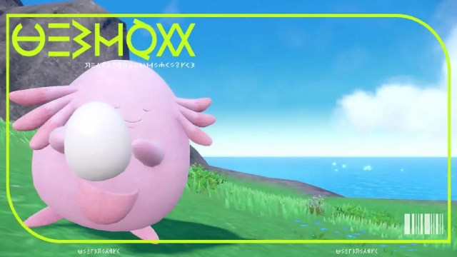 Chansey, a pink Pokémon, holding a Pokémon egg in Pokémon Go.