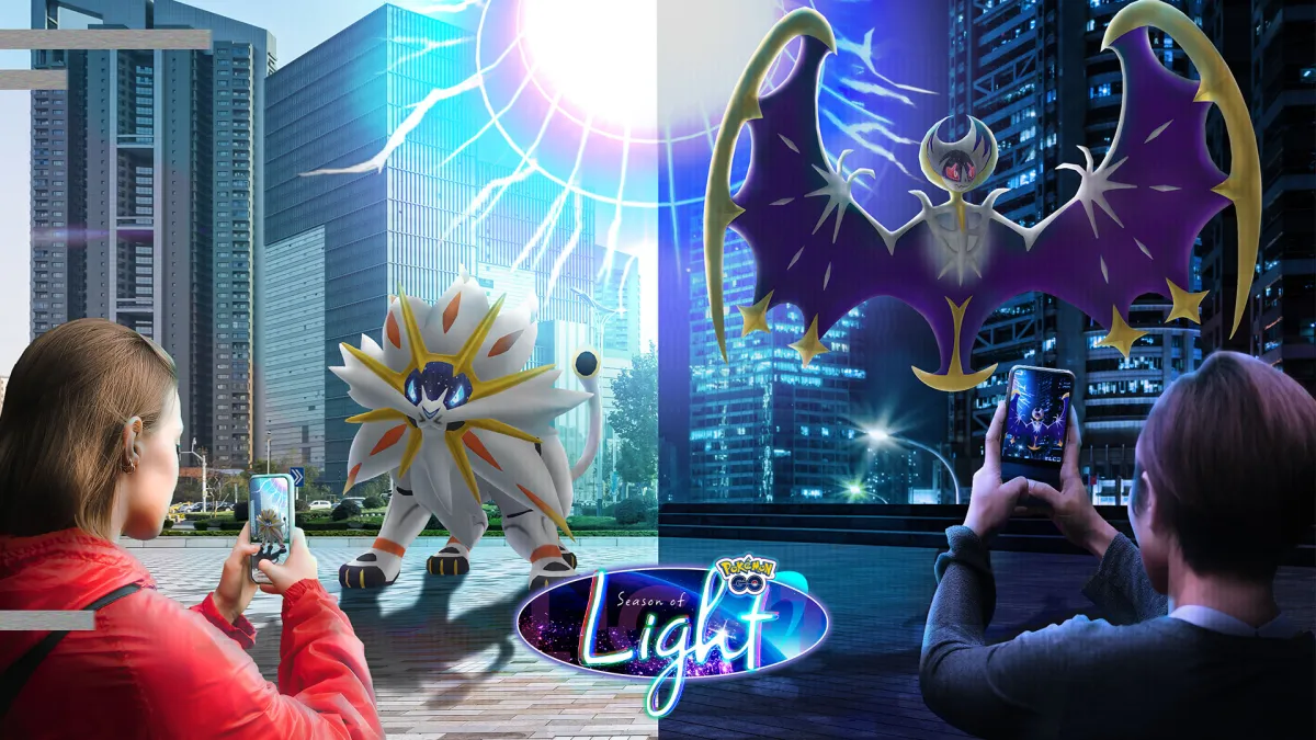 Pokémon Go Season of Light promo image with both Lunala and Solgaleo