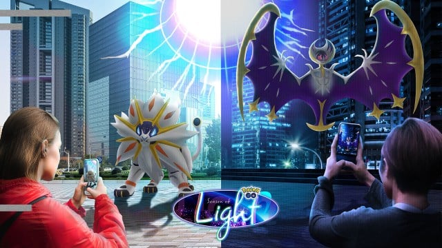 An image with trainer encountering Solgaleo during the day on the left side, and another trainer encountering Lunala during the night on the right. Both appear to be exiting the same Ultra Wormhole.
