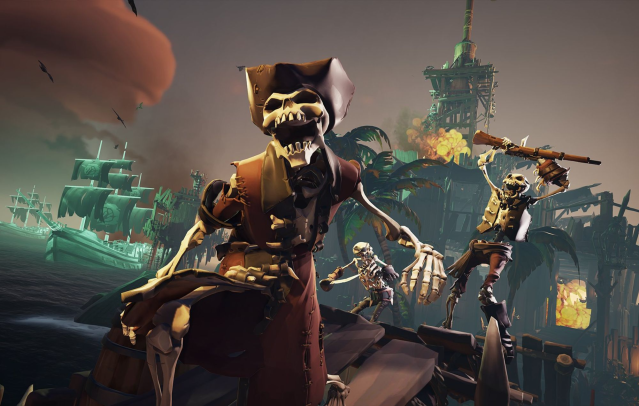 Three skeletons attack the camera in Sea of thieves