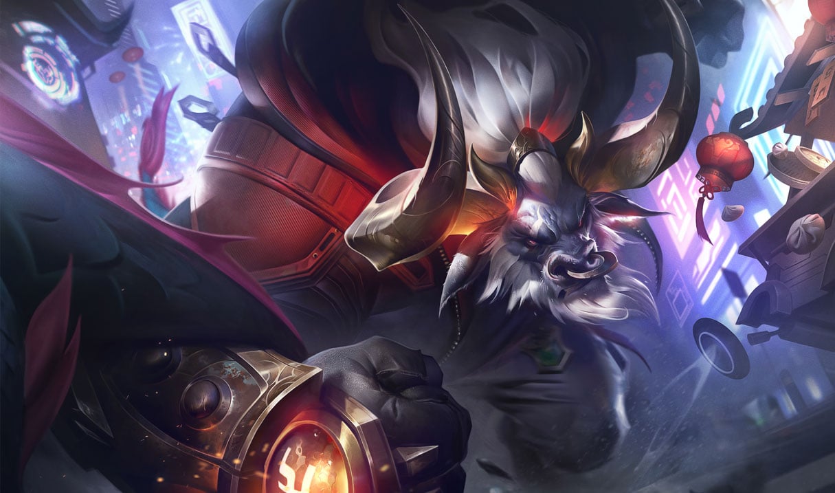 Lunar Beast Alistair leaping and ready to punch in League of Legends