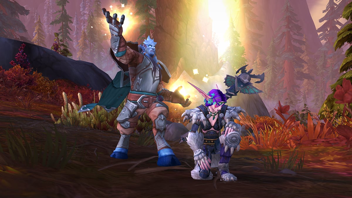 One Draenei and one Elf character in the woods