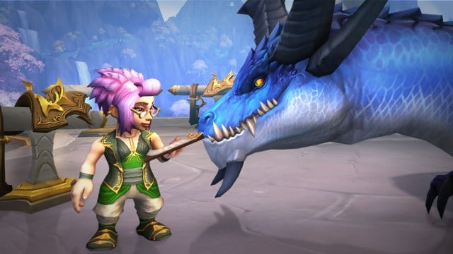 Gnome standing next to a Dragonriding drake and looking at some notes.