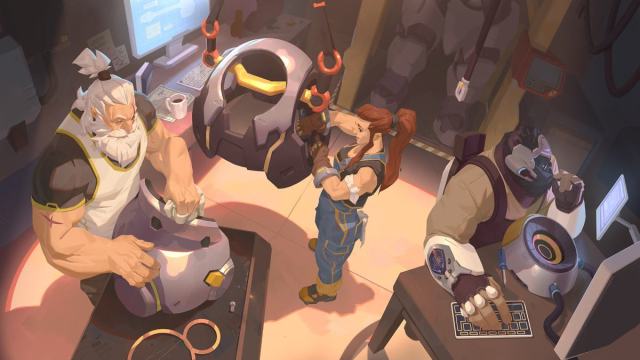 A concept art style image of Brigitte and faming in workshop