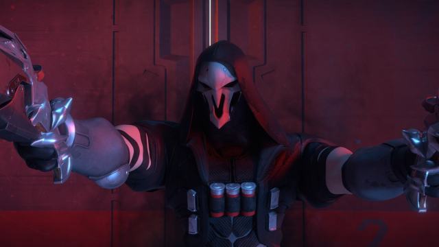 A shot of Reaper from the chest up with her arms pointing outward, looking out for enemies