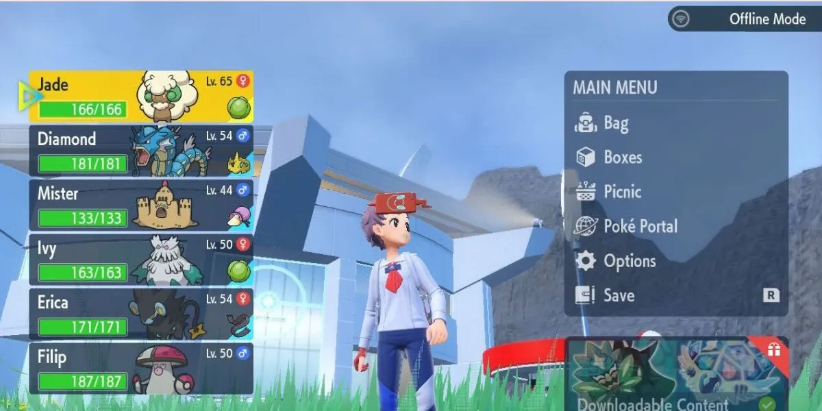 Pokemon Scarlet & Violet character standing outside the Pokémon League with the menu and party showing.