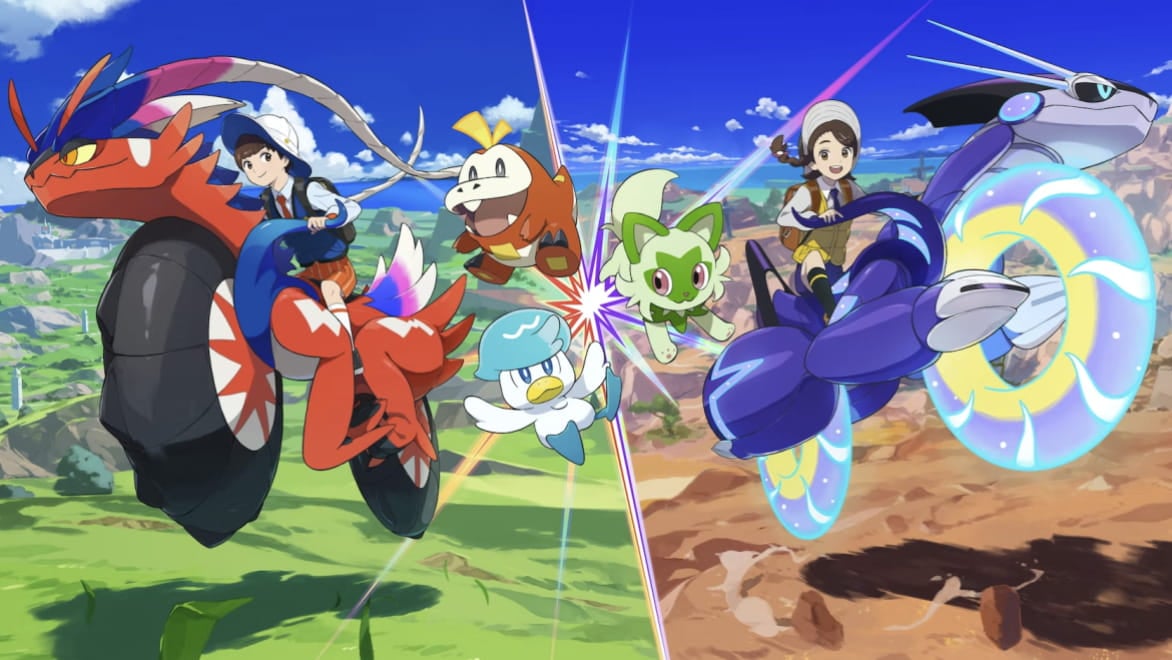 The cover art for Pokemon Scarlet and Violet, featuring the three main starter pokemon in the middle, surrounded by a male and female character riding atop Koraidon and Moraidon.
