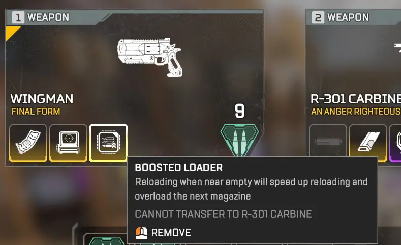 An Apex loadout screen with a Wingman and gold attachments.