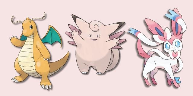 Dragonite, Clefable, and Sylveon Pokémon on a plain background.