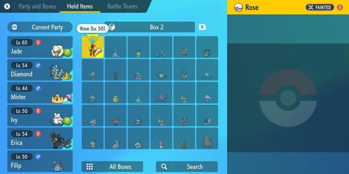 Held items tab in Pokémon Scarlet and Violet showing a variety of Pokémon in their boxes with their assigned items.