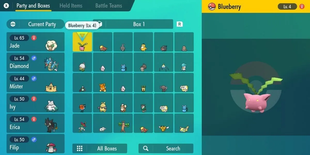 Party and boxes tab in Pokémon Scarlet and Violet showing a variety of Pokémon in their boxes.