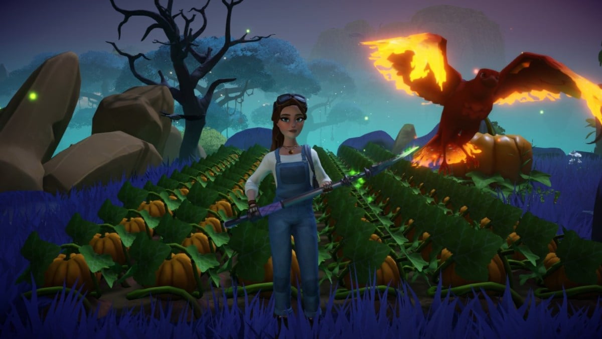 The player standing in front of a massive field of pumpkins while holding a shovel and their pet phoenix flying by their side.