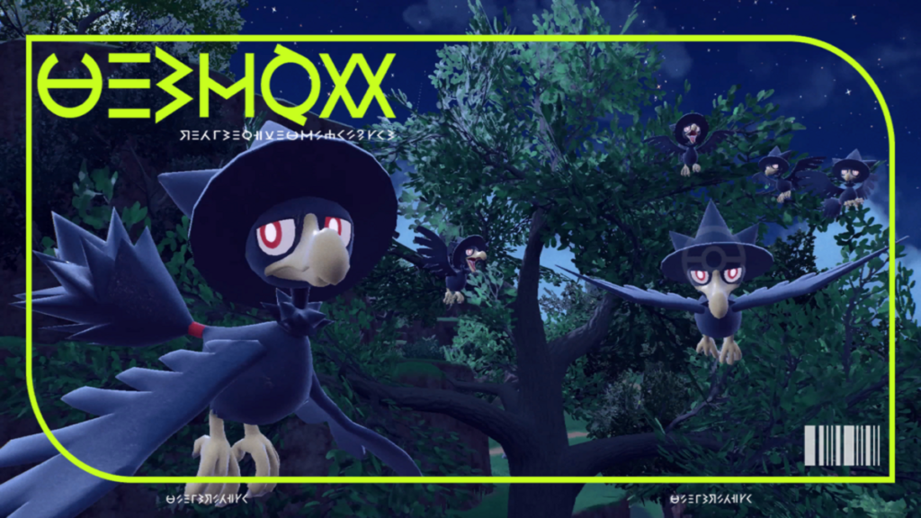Murkrow hovers in the air within a dusk-filled forest.