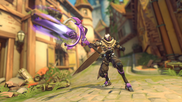 Ramattra, a robotic Omnic unit, stands and wields a purple staff, firing a purple beam in Overwatch.