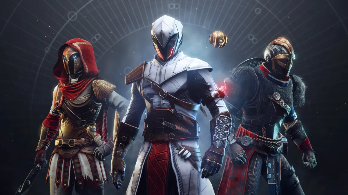 Three Guardians wearing Assassins Creed armor in Destiny 2.