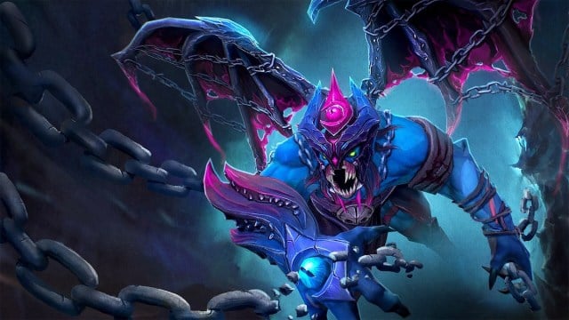 Night Stalker covered in chains reaches out at an enemy hero in Dota 2.