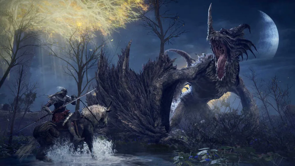 A player on a horse prepares to fight a dragon in a swamp in Elden Ring.