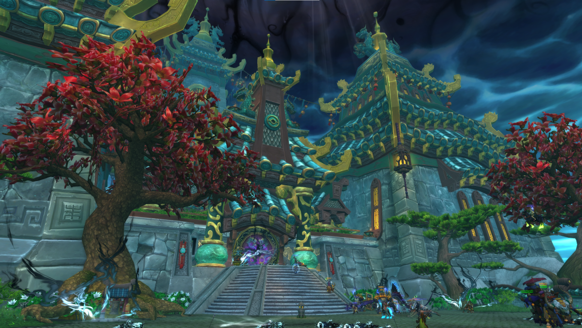 An in-game screenshot from World of Warcraft of the Temple of the Jade Serpent. The sky is darkened thanks to the presence of the Sha.