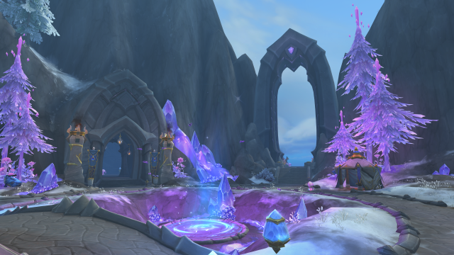 Crystalline, violet trees decorate the borders of a lake in the Azure Span in World of Warcraft Dragonflight