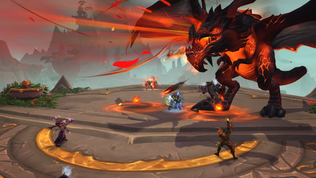 A dragon breathing fire in the WoW Dragonflight instance Ruby Life Pools
