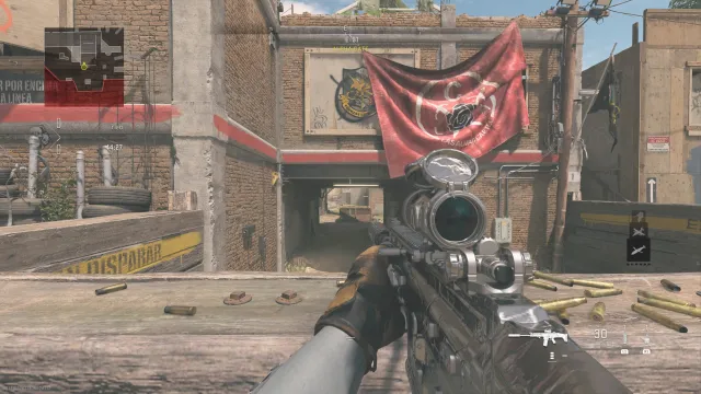 A screenshot of a Longshot sight line on the Shoot House map in MW2.