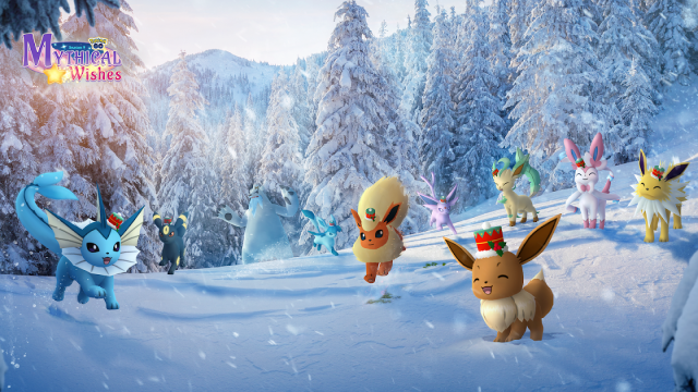 Eevee and other Eeveelutions in a snowy forest.