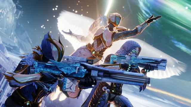 Three characters holding guns in destiny 2