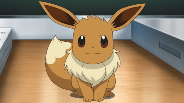 Eevee, a Pokemon sitting down on a wooden floor.