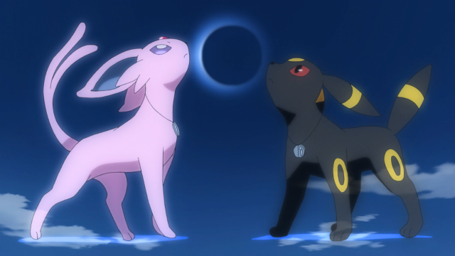 Espeon and Umbreon looking up in the Pokémon anime.