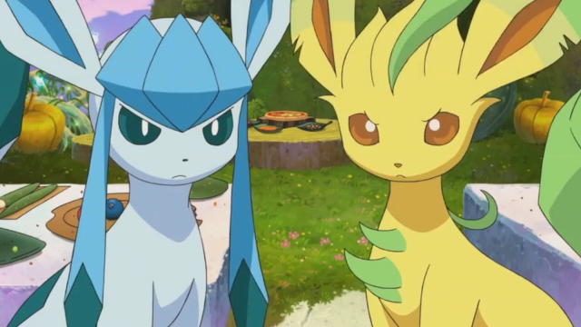 Glaceon and Leafeon frowning in the Pokémon anime.