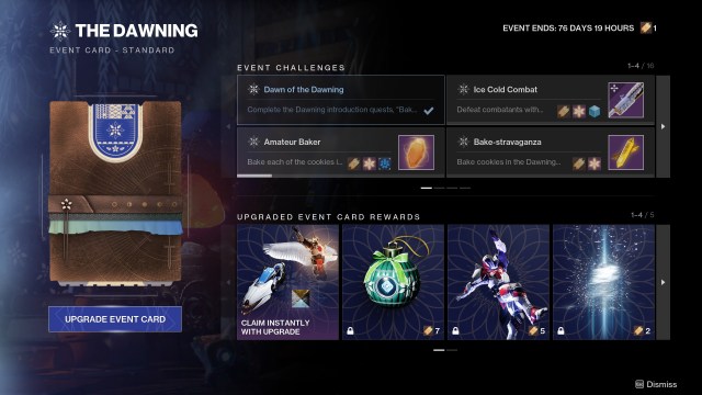 The Dawning event card menu in Destiny 2 showing all challenges and rewards.