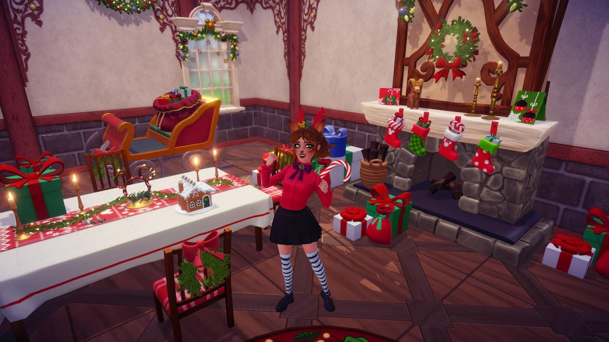 A player dressed as a reindeer standing with her arms up smiling in a room decorated with festive holiday decorations in Disney Dreamlight Valley.