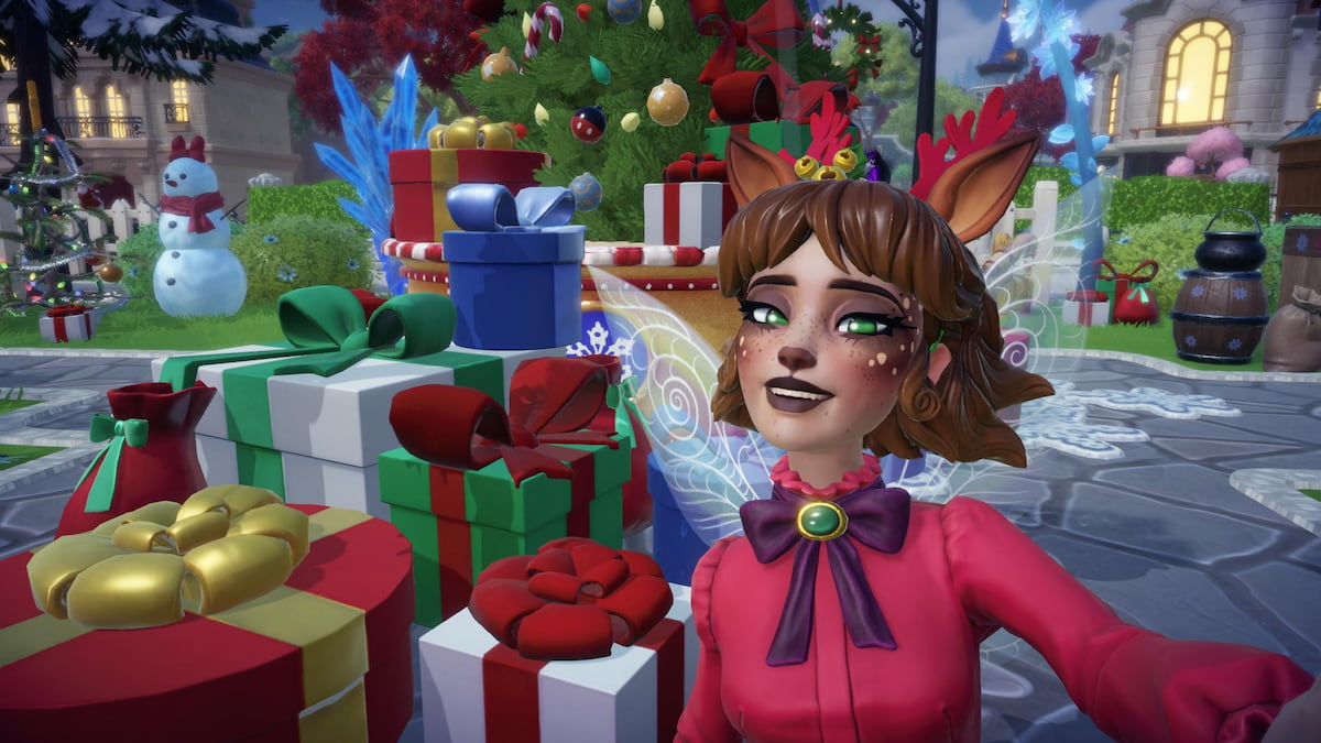 A player with reindeer ears and a nose smiling while taking a picture with a stack of presents in Disney Dreamlight Valley.