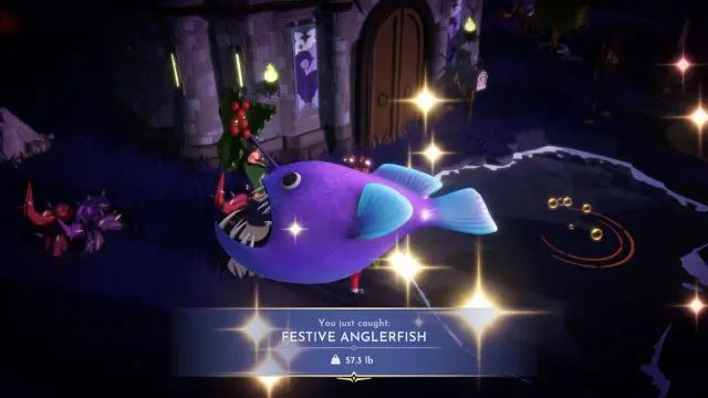 A purple and blue Anglerfish with a mistletoe on its head in Disney Dreamlight Valley.