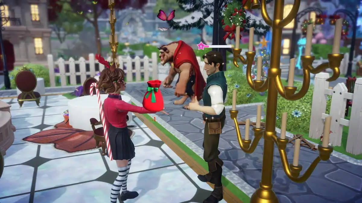 Handing Flynn a red gift with a green bow in Disney Dreamlight Valley.